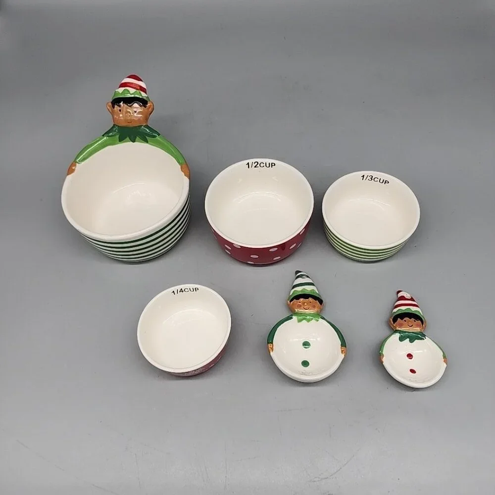 Christmas Elf Nesting Measuring Cups Spoons Set of 6 Stoneware Ceramic